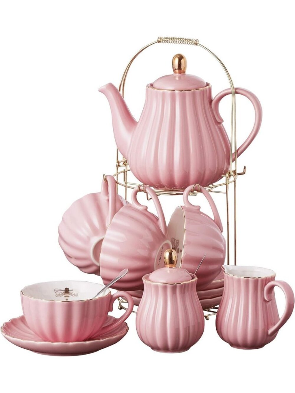 Elegant Pink Fine China Coffee & Teacup Set for 4, 17-Piece Tea Service Set